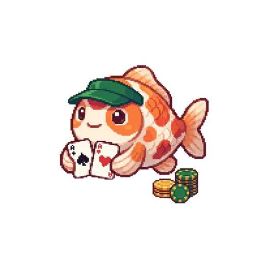 La mascota koi de Koi School con su visor de dealer y un par de ases