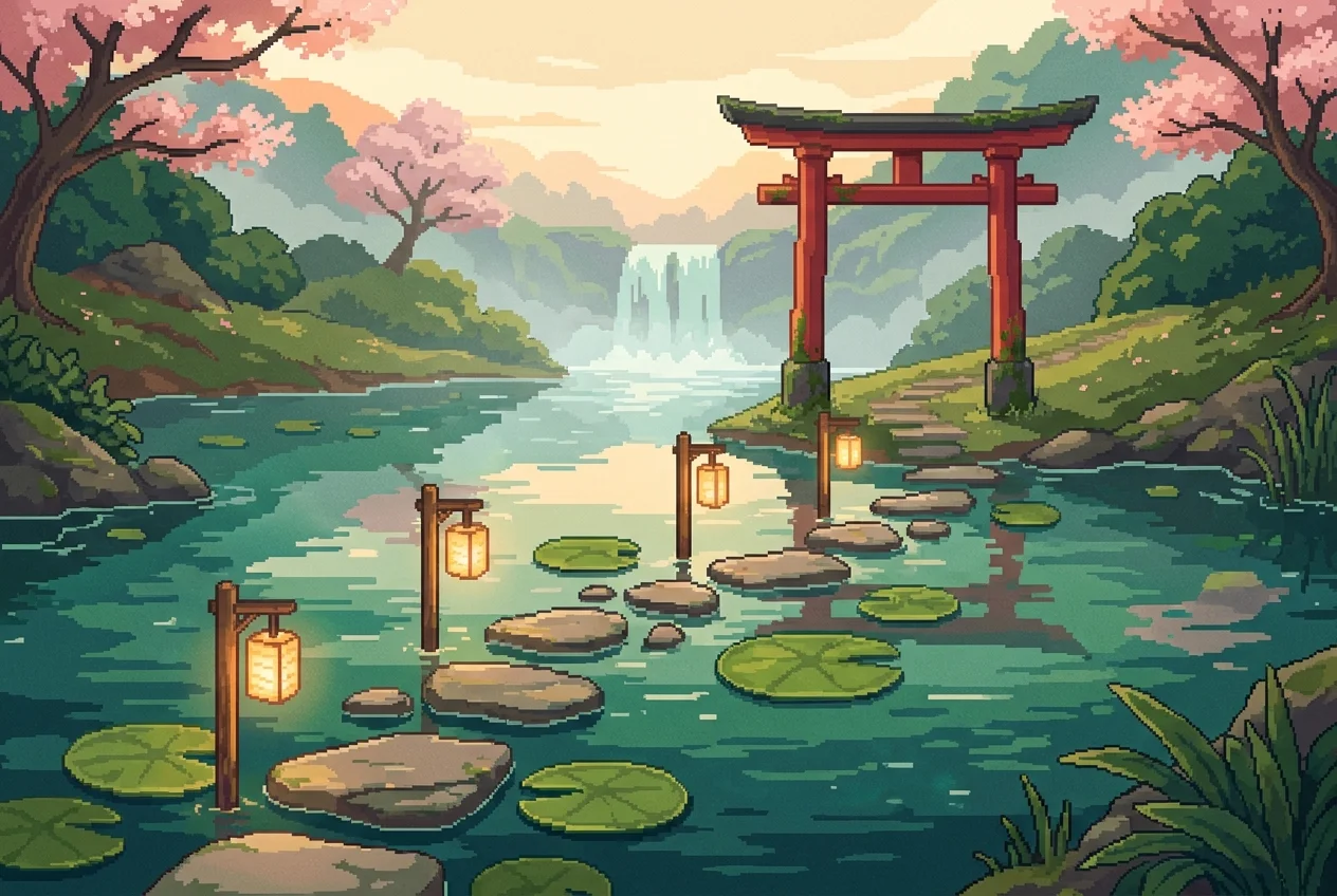 El camino de piedras del estanque hacia el torii y la cascada: el mapa de tu viaje